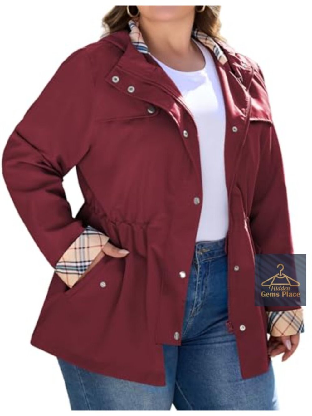 Plus Size Women's Lightweight Waterproof Hooded Raincoat Windbreaker